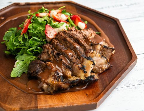 Image of Grilled Bone-In Rib Eye Steaks with Strawberry-Chocolate-Oaxaca Chile Sauce & Strawberry-Butterscotch Pear Side Salad