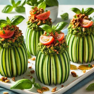 Tropical Avocado-Basil Pesto Stuffed Cucumber Cups