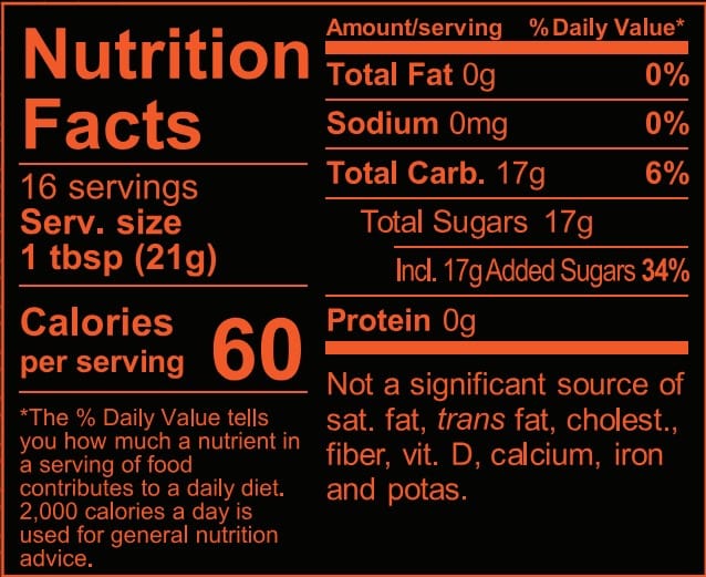 Image of  2 bottles (12 Ounces each) Hot Honey (Habanero - Hot Heat) Nutrition Facts Panel