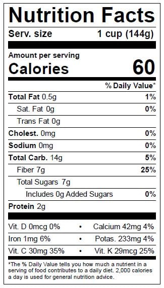 Image of  3 packages (6 Ounces each) Organic Sweet Karoline® Blackberries Nutrition Facts Panel