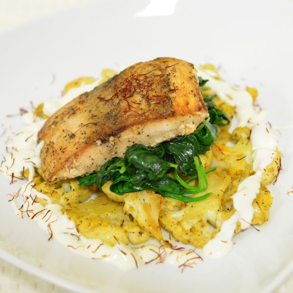 Image of Black Cod with Saffron Roasted Cauliflower, Spinach and Ginger Creme Fraiche