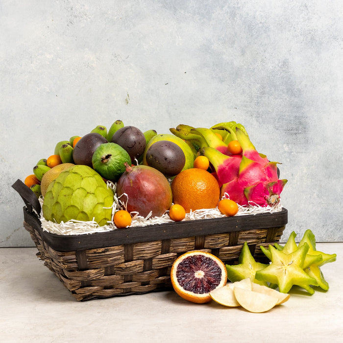 Tropical Flowers, Fresh Fruits & Red Wine Basket